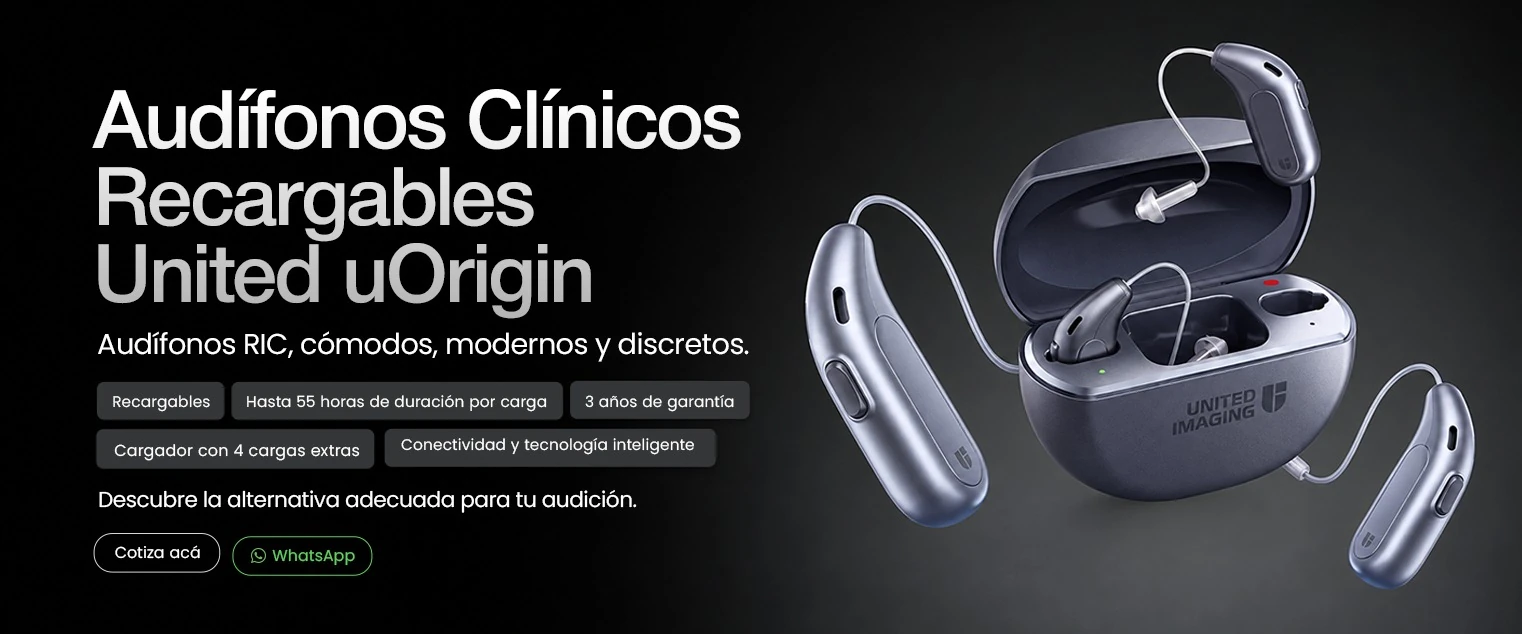 Audífonos clínicos recargables United uOrigin: hasta 55 horas por carga, 3 años de garantía y cargador con 4 cargas extras. Cotiza por WhatsApp.