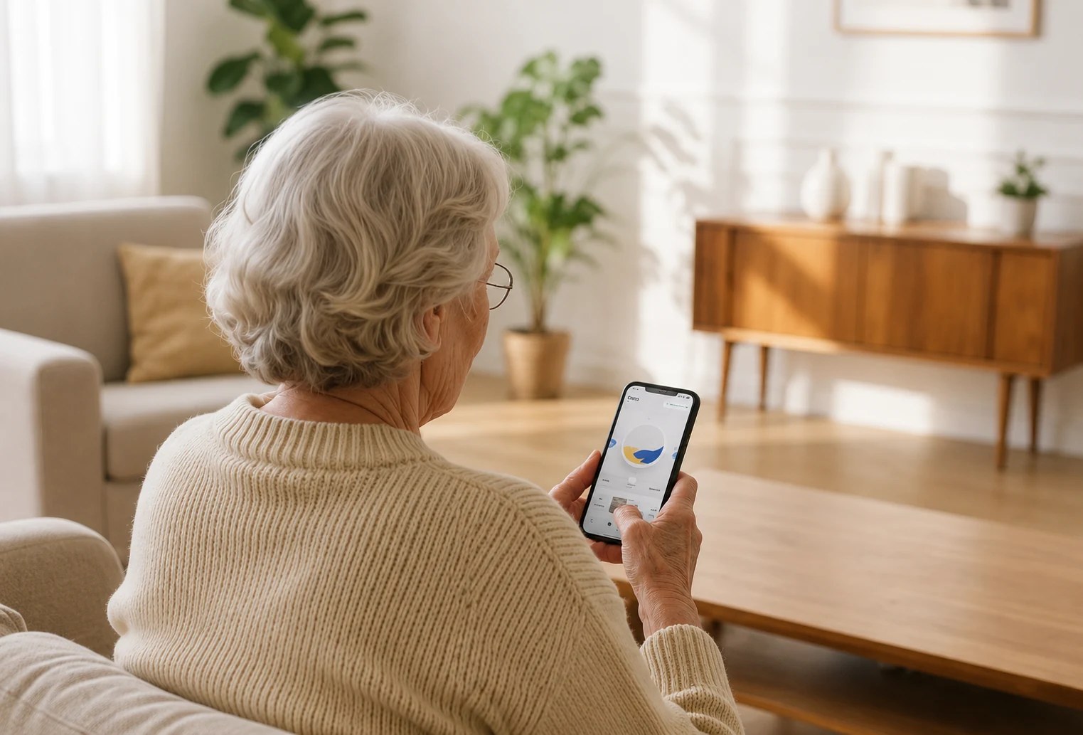 Mujer usando la aplicación de sus audífonos desde un teléfono